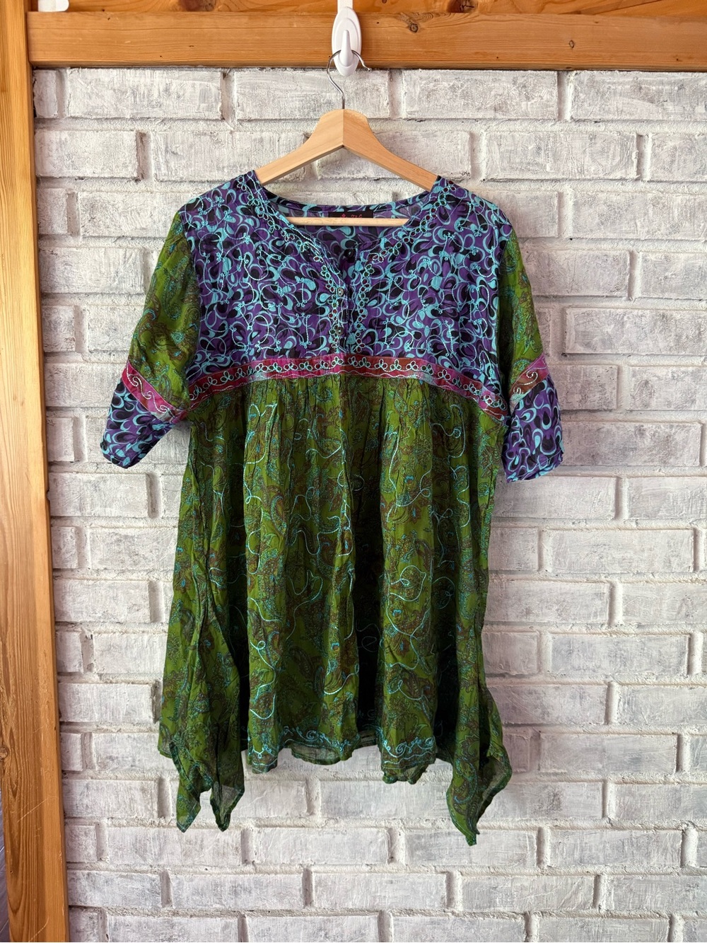 Green & Purple Bohemian Patchwork Tunic Top 100% cotton